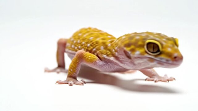 Yellow leopard gecko walking on white