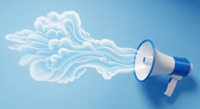 Conceptual megaphone projecting abstract ethereal light and sound waves symbolizing announcement notification communication and broadcasting on a clean blue background