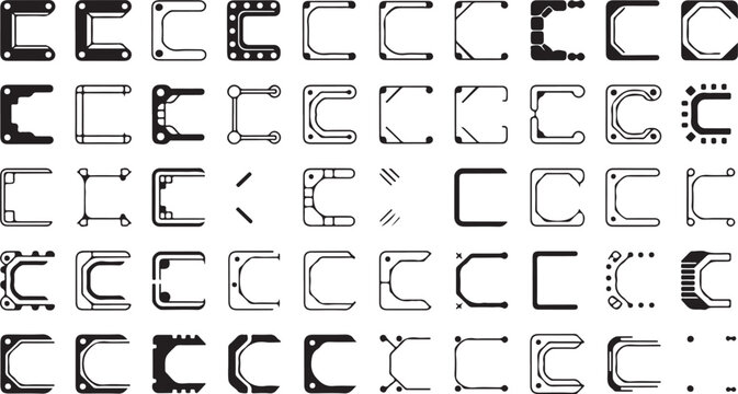 Diverse collection of stylized letter C shapes and corner frame in black and white, with varied and technological influences