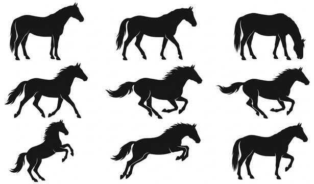 Horse Silhouette Set with Different Poses Farm Animal Vector Collection