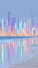 Obraz premium a vibrant, stylized city skyline at twilight reflected across a calm, ethereal waterfront with a soft, dreamlike color palette.