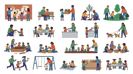 Fototapeta premium Flat Vector Illustration Set of Diverse Families, Parents Kids Doing Community, Educational Home Activities