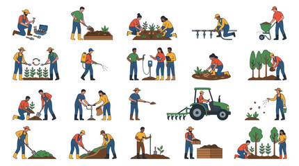 Naklejka premium Farmers and Gardeners Working on a Farm - Flat Design Vector Illustrations