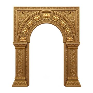 Traditional Golden Hindu Temple Archway with Sacred Floral Carvings Ornamental Architectural Borders and Heritage Design Elements for Weddings Religious Ceremonies and Cultural Events