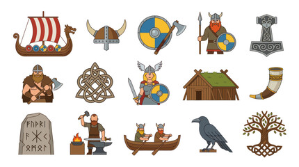 Obraz premium Viking Icons Set - Warrior, Ship, Axe, Helmet, Runestone, Norse Mythology Art