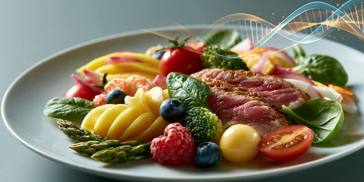Colorful healthy meal plate connected to a transparent DNA helix showcasing epigenetics and personalized nutrition science concept