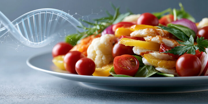 Colorful healthy meal plate connected to a transparent DNA helix showcasing epigenetics and personalized nutrition science concept