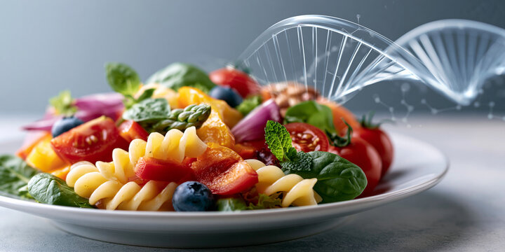 Colorful healthy meal plate connected to a transparent DNA helix showcasing epigenetics and personalized nutrition science concept