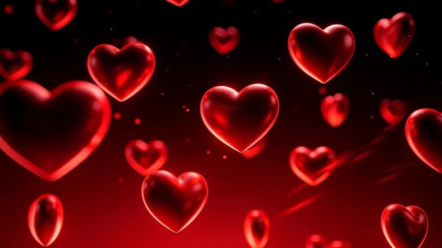 Red glowing hearts floating in dark romantic background symbolizing love and passion
