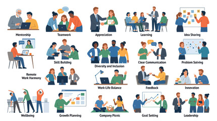 Fototapeta premium Flat Vector Illustration Set of Business Workplace Concepts, Teamwork, and Professional Development