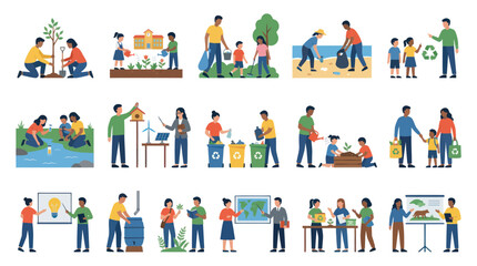 Fototapeta premium Ecology and Sustainable Living Flat Vector Illustration Set: People Practicing Environmental Protection Activities