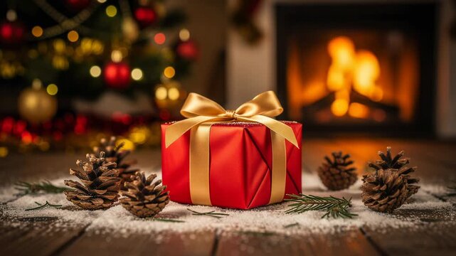 Festive red Christmas gift box with gold ribbon surrounded by pine cones and snow near cozy fireplace and decorated tree