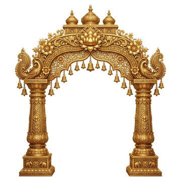 Ornamental Golden Temple Gateway with Sacred Lotus Medallions Floral Carvings Hanging Bells and Traditional Indian Architectural Detailing for Weddings Festivals and Religious Ceremonies