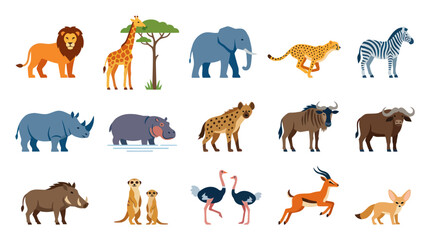 Fototapeta premium African Animals Flat Design Vector Set for Safari Wildlife Nature Illustration