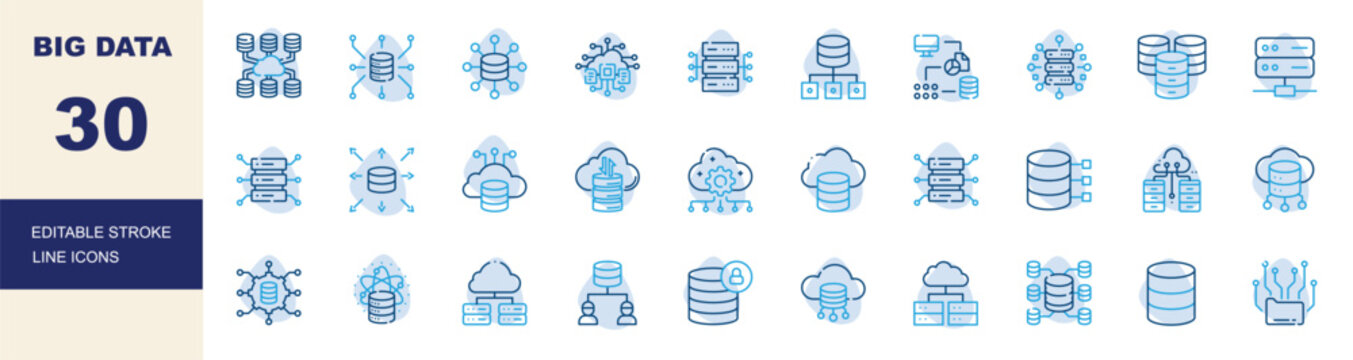 Big Data, Database and Cloud Computing Line Icons Set Editable Stroke Vector Illustration