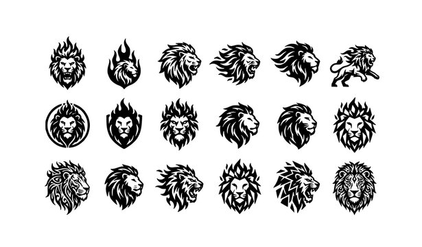 Premium lion flame tattoo logo pack with 20 black and white vector illustrations