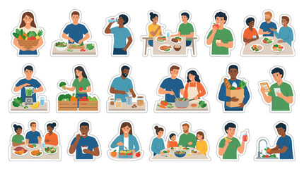 Fototapeta premium Healthy Eating Lifestyle Flat Vector Icons: People Preparing and Enjoying Vegetarian Food