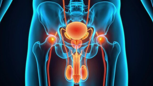 Male Reproductive Urinary System 3D Medical Animation Pelvis Bladder Prostate Anatomy Blue Background