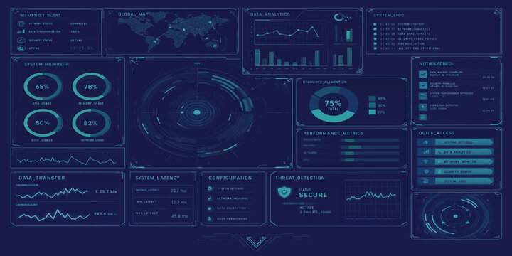 Futuristic digital dashboard interface with blue data visualizations and navigation hud interface dashboard holographic technology futuristic monitoring analysis software computing graphics