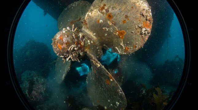 Close-up of heavily fouled ship propeller with barnacles and turquoise accents underwater