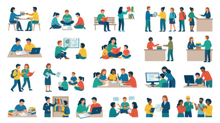 Fototapeta premium Flat Education Concepts Set: People Learning, Studying, Reading, and Teaching Vector Illustrations