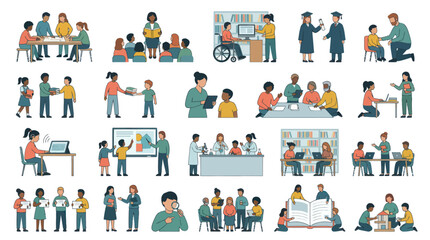 Fototapeta premium Education Flat Vector Illustration: Diverse Students and Teachers Learning and Mentoring Scenes Set