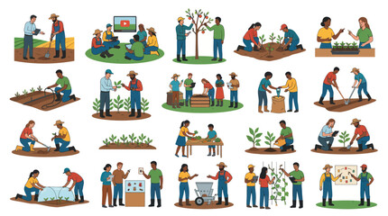 Naklejka premium Sustainable Agriculture Farming Practices and Education Flat Vector Illustration Set with Diverse People
