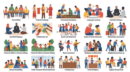 Fototapeta premium Flat vector illustration set of diverse people engaged in community, social interaction, and educational activities.