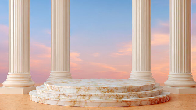 podium, marble, columns, classical, display, platform, stand, architecture, sunset, stage, product, luxury, stone, 3d, render, background, minimalist, Greek, Roman, heritage, showcase, exhibition, cir