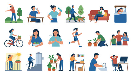 Fototapeta premium Flat Vector Illustration Set: Healthy Lifestyle Self-care Habits for Daily Wellbeing Routine