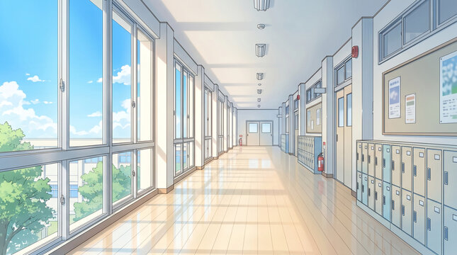 磨かれた床に光が反射する学校の廊下を描いたイラストです。大きな窓から見える青空が爽やかな夏の雰囲気を演出しています。