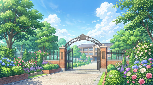 青空と緑に囲まれた学校の正門を描いたイラストです。花々と爽やかな夏の日差しが、明るく親しみやすい学校の雰囲気を表現しています。