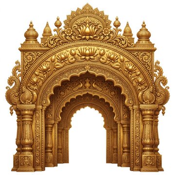 Grand Golden Hindu Temple Gateway with Layered Sacred Arches Lotus Ornamentation Decorative Domes and Traditional Indian Architectural Heritage for Festivals Weddings and Religious Events