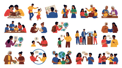 Fototapeta premium Flat Art Diverse People Learning, Communicating Interacting Illustrations for Education Family Life
