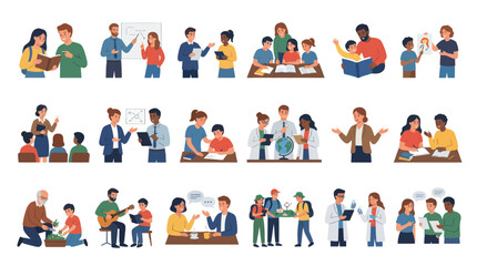 Fototapeta premium Flat Vector Illustrations of Diverse People Learning, Teaching, and Mentoring in Education