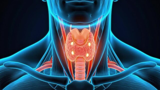 Thyroid Gland Anatomy 3D Medical Animation Human Neck Throat Glowing Dark Background Endocrine System