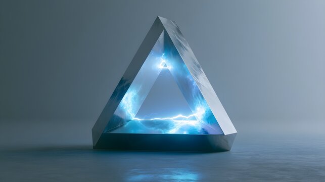 Impossible Triangle Sculpture with Blue Electric Lightning and Metallic Monolith
