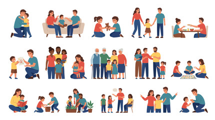Fototapeta premium Flat Style Vector Family Life Illustrations - Parents and Children Together