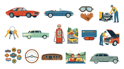 Naklejka premium Flat Style Vector Icons of Vintage Cars and Auto Repair Elements