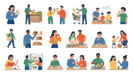 Fototapeta premium Healthy Food and Nutrition Activities Flat Illustration Set. People Shopping, Cooking, Eating, Reading Labels for a Balanced Diet.