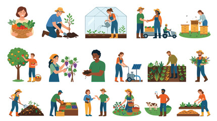 Fototapeta premium Flat illustration of people farming and gardening, healthy food, agriculture, nature