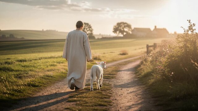 Person walking with a lamb on a sunlit rural path during golden hour near countryside farm