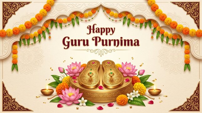 Happy guru purnima greeting with traditional paduka sandals and flowers