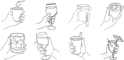 Fototapeta premium Hand drawn beverage glass collection showing different drinks held in hand sketches. Minimal line art illustrations isolated on white for hospitality, menu designs, branding, and guides.
