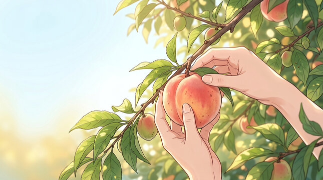 木になった桃を収穫する手元を描いたイラストです。木漏れ日と豊かな緑が自然の恵みを感じさせます。農業や観光農園、食育関連の素材として活用できます。