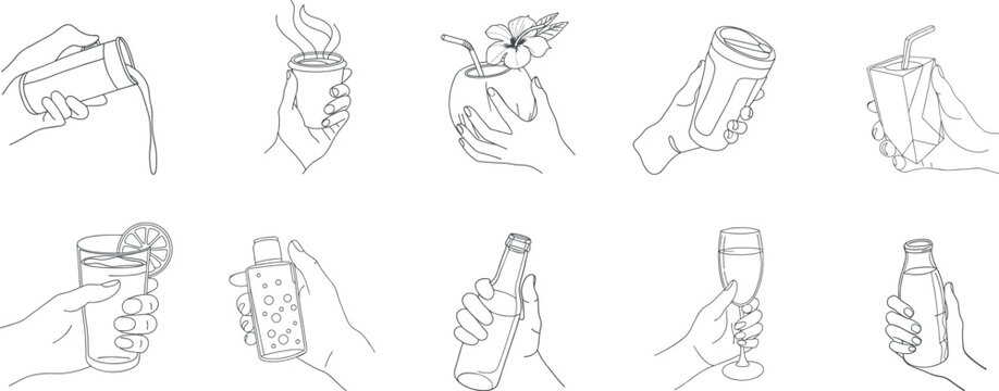 Hand drawn beverage can opening sequence with detailed line art illustrations. Creative step by step drink container actions isolated on white for packaging, guides, and infographics.