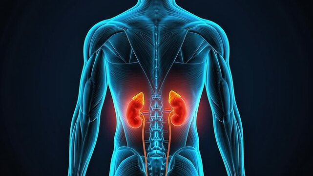 Human Kidney Anatomy 3D Medical Animation Back View Male Body X-Ray Glowing Red Dark Background
