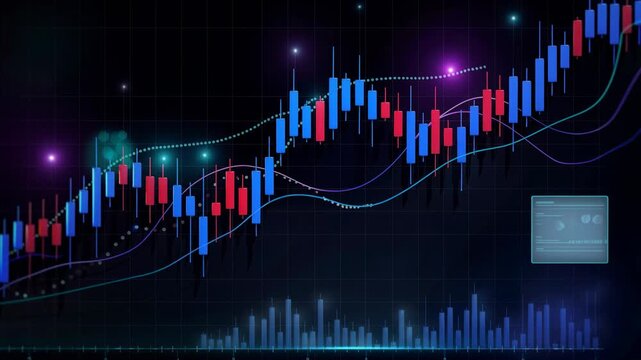 Financial stock market chart with rising candlestick graph and trading volume indicators on dark background