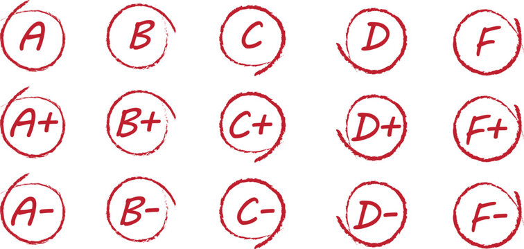 Red grade letter circle set with A, B, C, D and F marks, hand drawn exam score icon collection for school test result, report card and education grading design template.