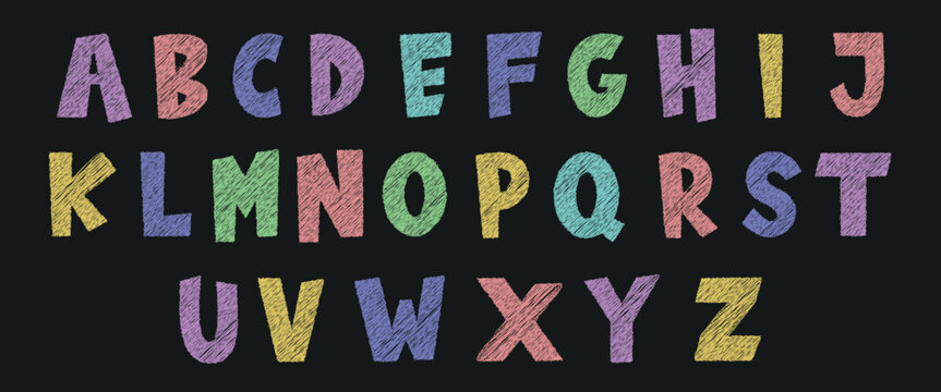 Colorful hand drawn alphabet set with textured paper cut letters on black background, playful kids font design for nursery poster, education chart and typography template.